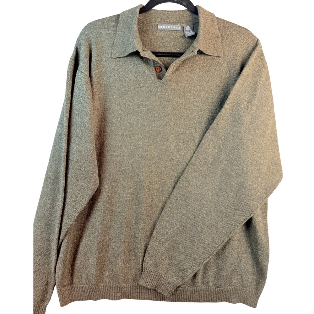 Consensus Mens Vintage Merino Wool Polo Sweater Olive Green Marl Large Hong Kong